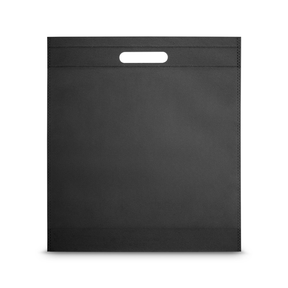 Sacola em non-woven (80 g/m²) termo-selado (35,5 x 39 x 8,5 cm) na cor Preto, personalizada com a logo da empresa
