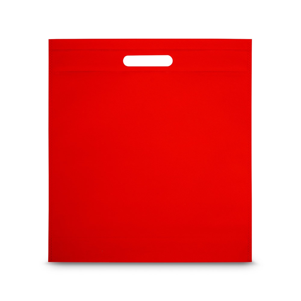 Sacola em non-woven (80 g/m²) termo-selado (35,5 x 39 x 8,5 cm) personalizada com a logo da empresa, na cor vermelho