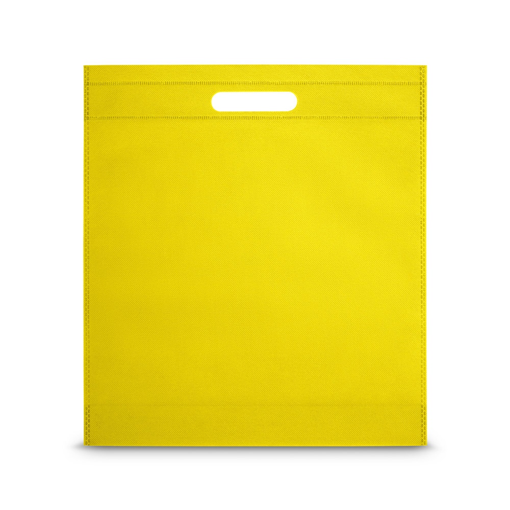 Sacola em non-woven (80 g/m²) termo-selado (35,5 x 39 x 8,5 cm) personalizada com a logo da empresa, na cor amarelo