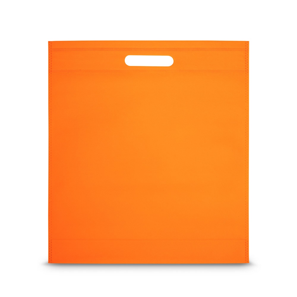 Sacola em non-woven (80 g/m²) termo-selado (35,5 x 39 x 8,5 cm) personalizada com a logo da empresa, na cor laranja