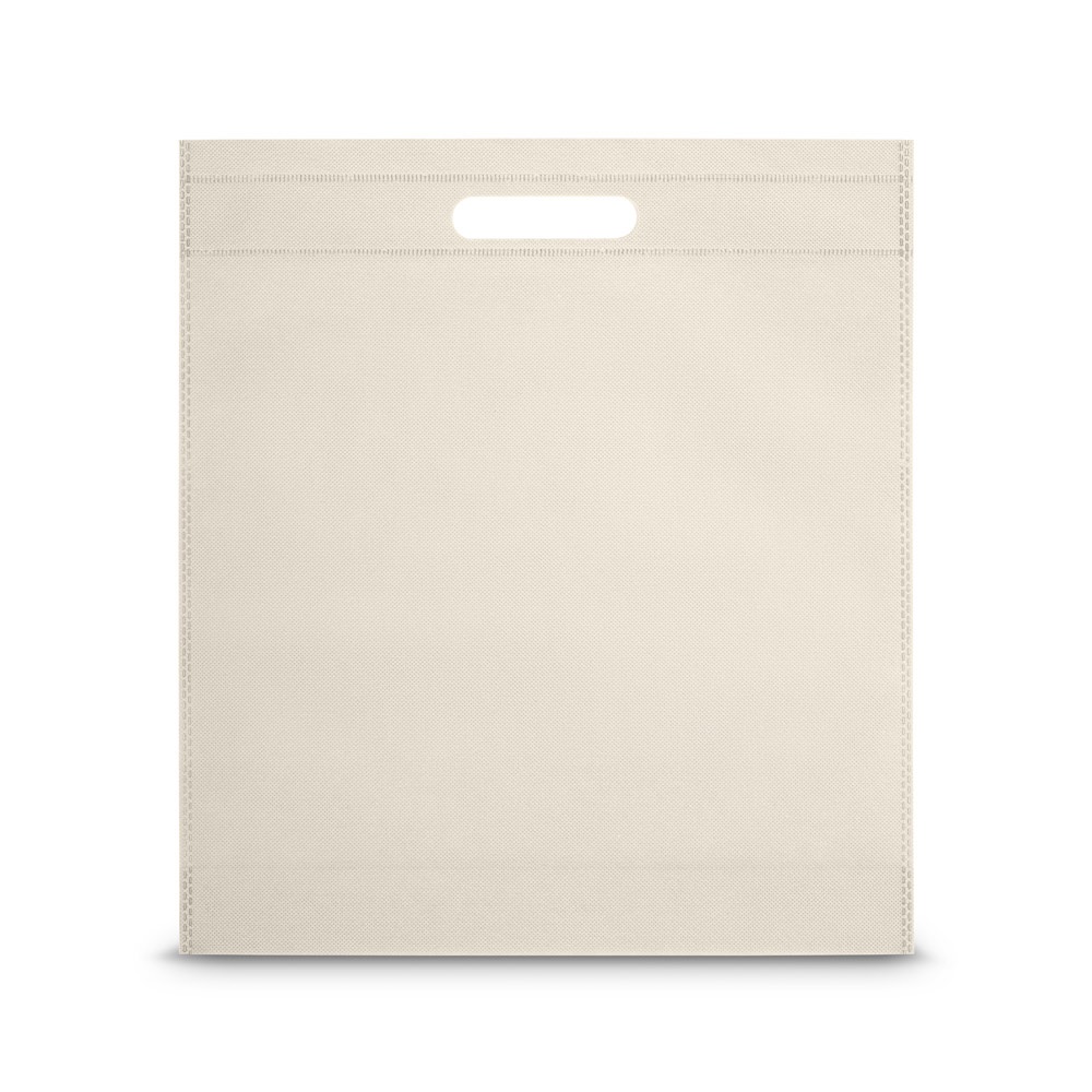 Sacola em non-woven (80 g/m²) termo-selado (35,5 x 39 x 8,5 cm) personalizada com a logo da empresa, na cor bege