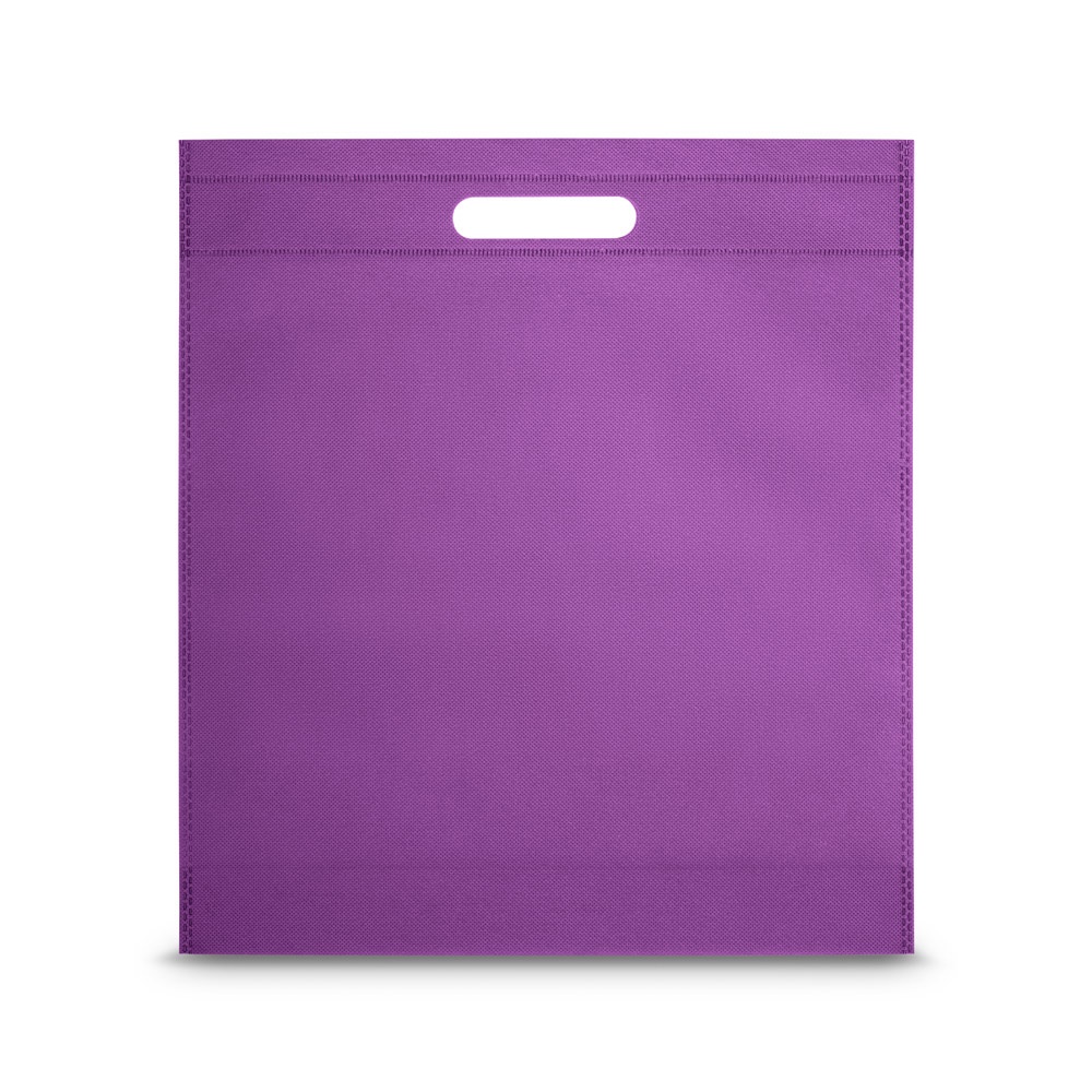 Sacola em non-woven (80 g/m²) termo-selado (35,5 x 39 x 8,5 cm) personalizada com a logo da empresa, na cor roxo