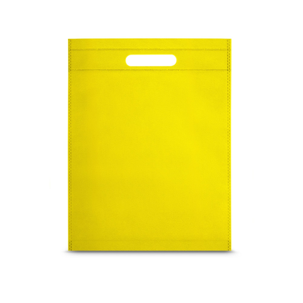 Sacola em non-woven (80 g/m²) termo-selado (25 x 35 x 8 cm) personalizada com a logo da empresa, na cor amarelo