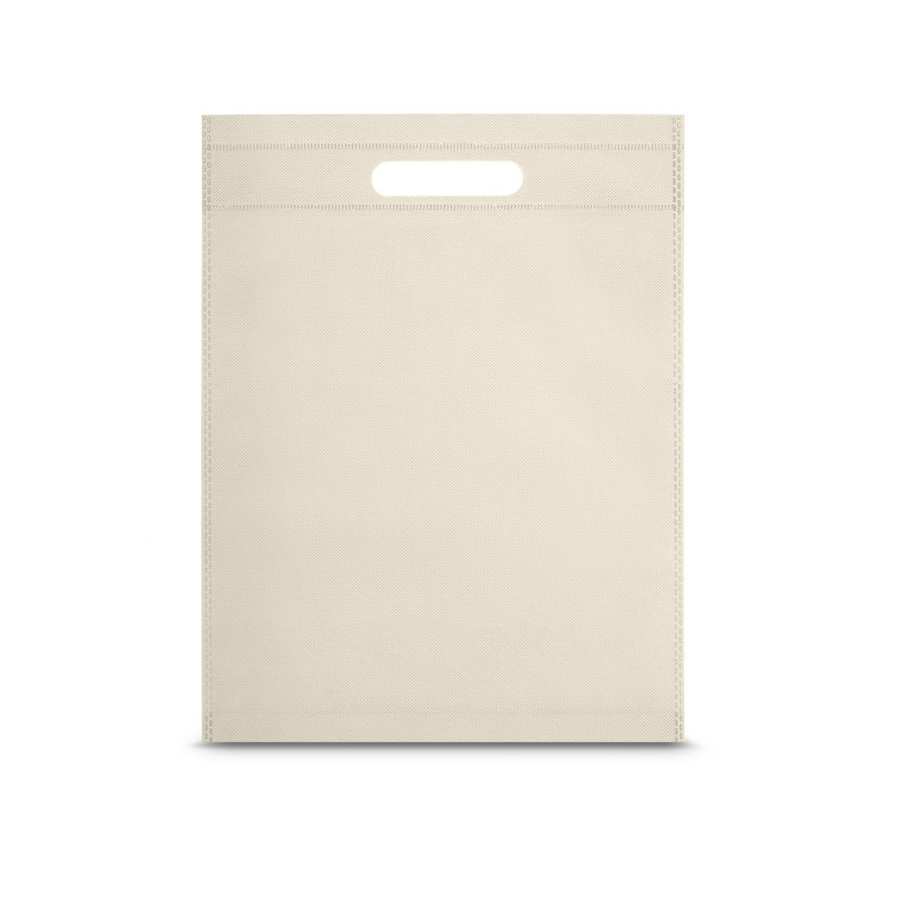 Sacola em non-woven (80 g/m²) termo-selado (25 x 35 x 8 cm) personalizada com a logo da empresa, na cor bege