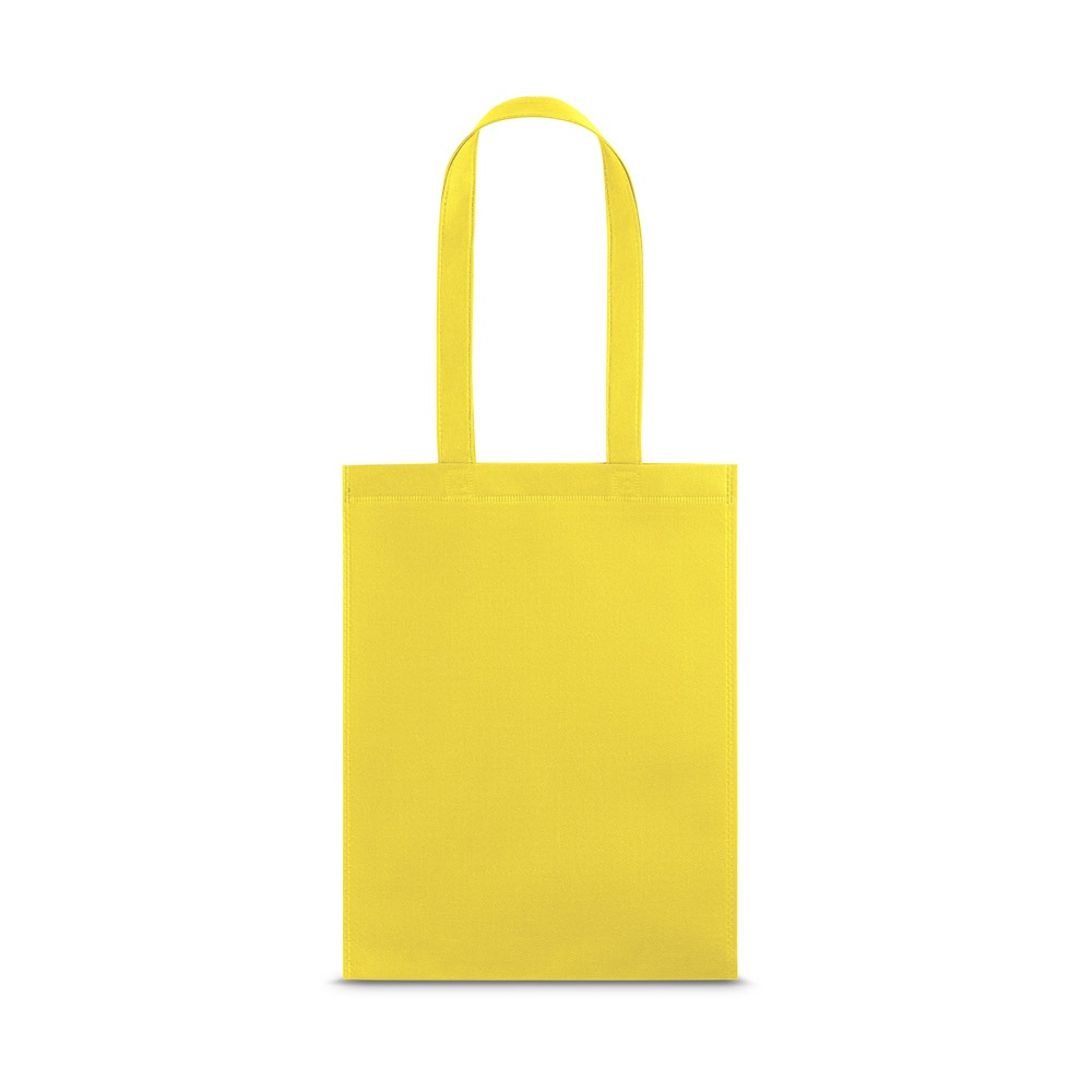 Sacola em non-woven (80 g/m²) termo-selado (27 x 35 cm) personalizada com a logo da empresa, na cor amarelo