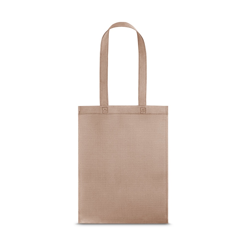 Sacola em non-woven (80 g/m²) termo-selado (27 x 35 cm) personalizada com a logo da empresa, na cor bege