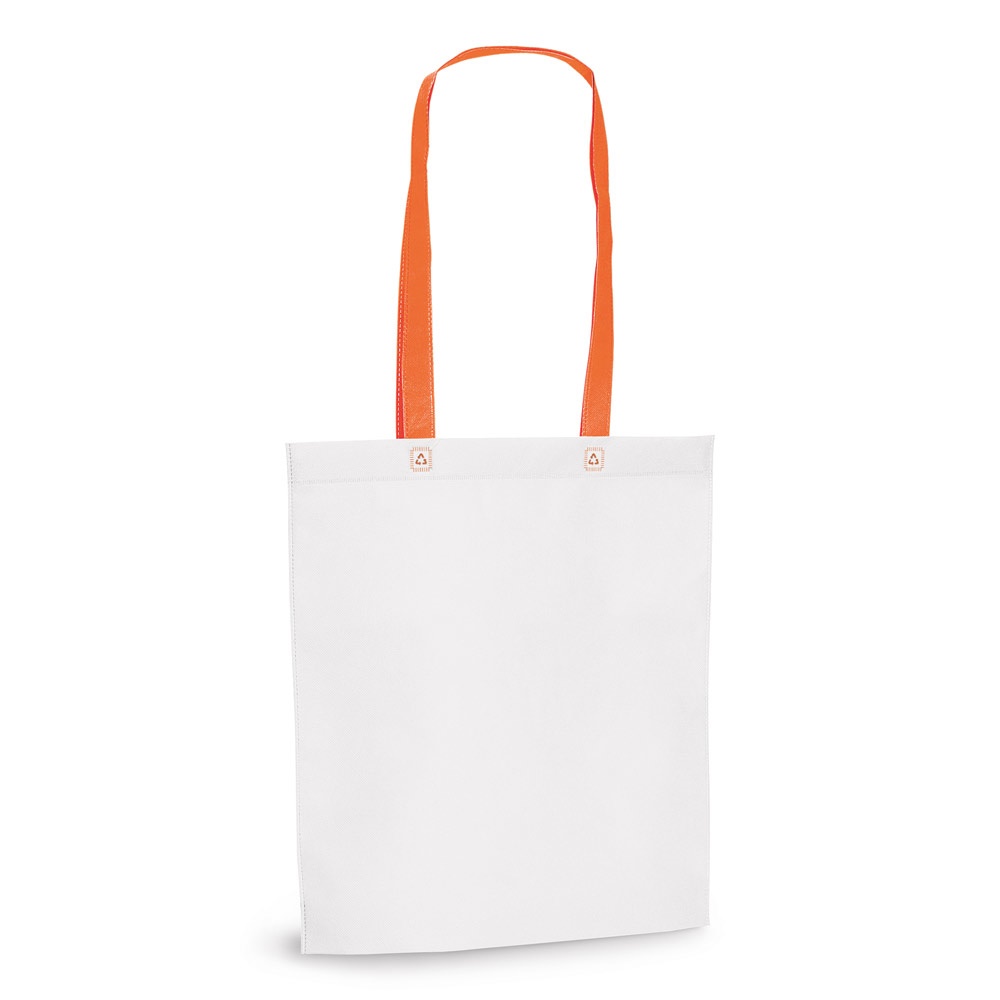 Sacola em non-woven (80 g/m²) termo-selado (33 x 39 x 8 cm) personalizada com a logo da empresa, na cor laranja