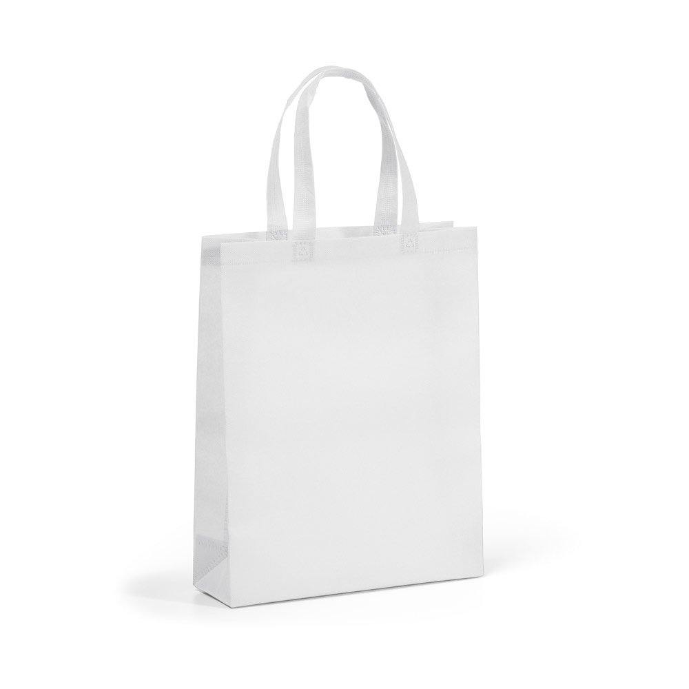 Sacola em non-woven (80 g/m²) termo-selado (32 x 38 x 9 cm) personalizada com a logo da empresa, na cor branco