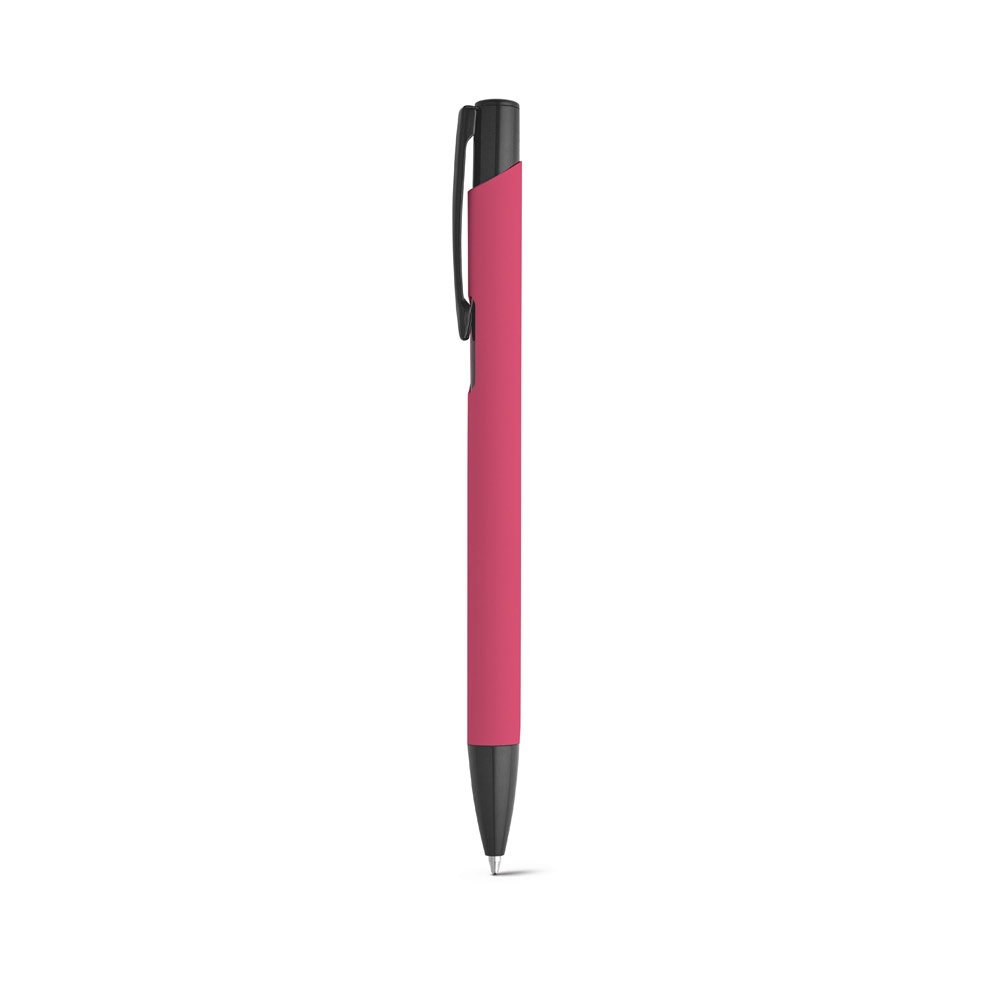 Caneta esferográfica emborrachada em alumínio com escrita em preto personalizada com a logo da empresa, na cor rosa