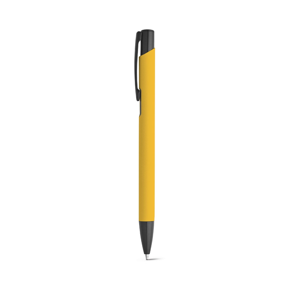 Caneta esferográfica emborrachada em alumínio com escrita em preto personalizada com a logo da empresa, na cor amarelo