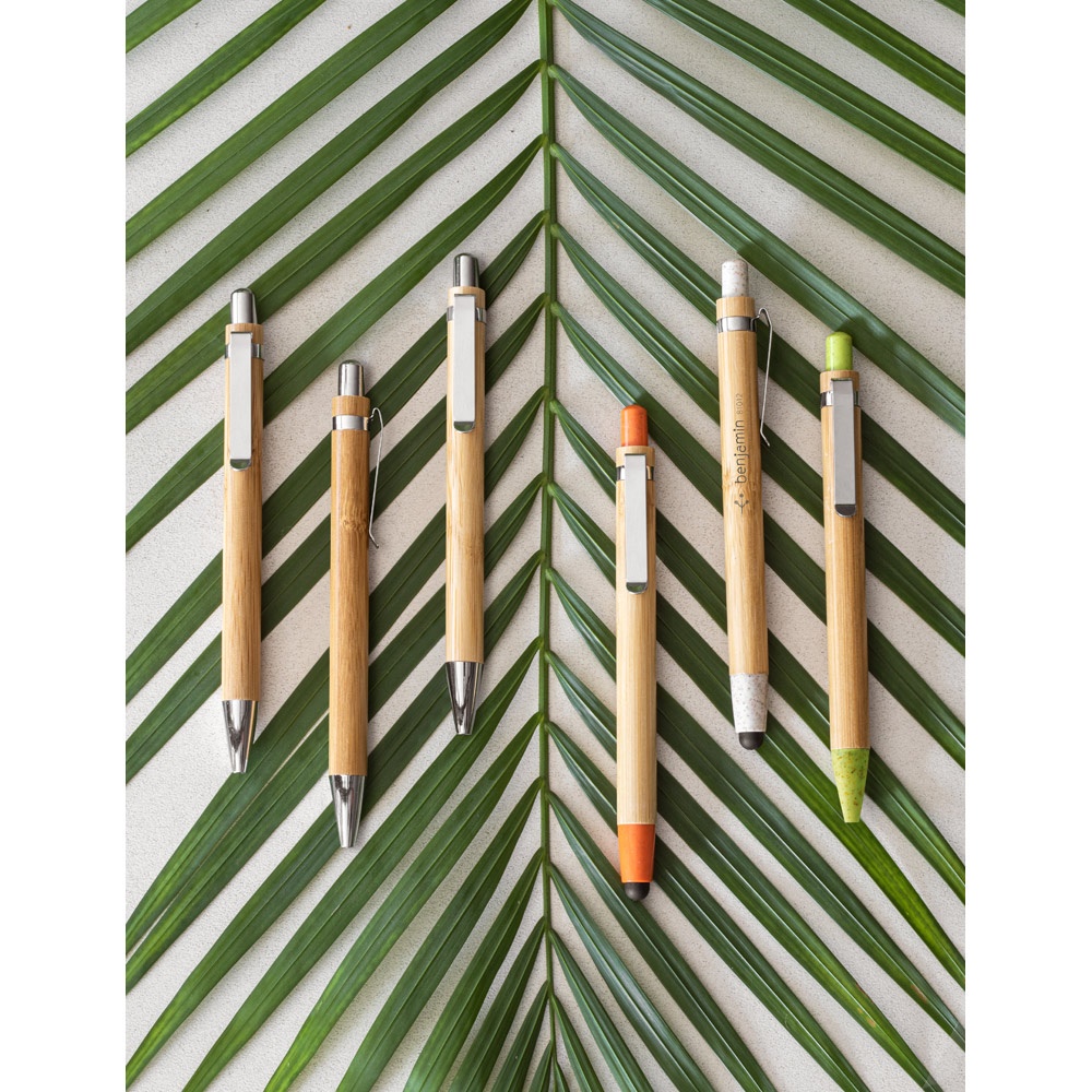 Conjunto de caneta esferográfica com escrita em azul e lapiseira, ambas em bambu, foto 2