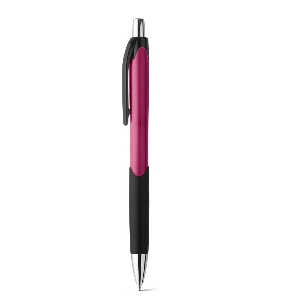 Caneta esferográfica em ABS brilhante com grip e ponteira cromada personalizada com a logo da empresa, na cor rosa