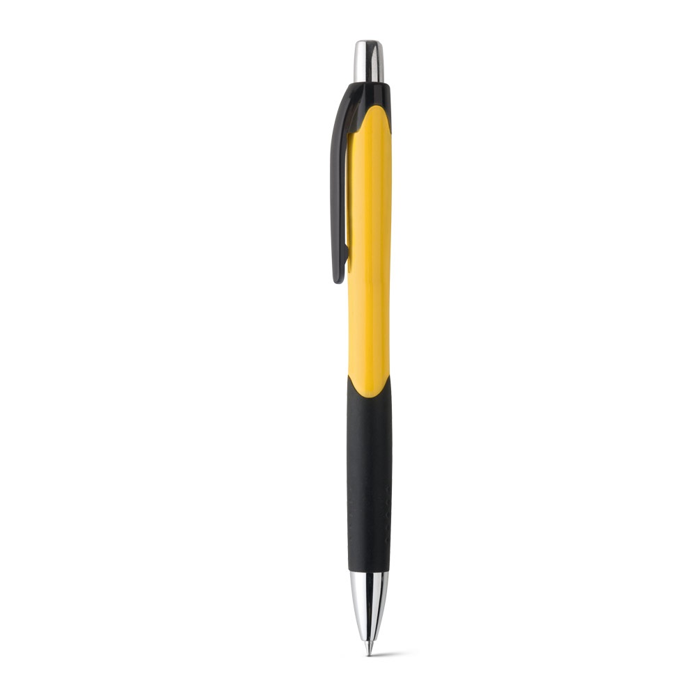 Caneta esferográfica em ABS brilhante com grip e ponteira cromada personalizada com a logo da empresa, na cor amarelo