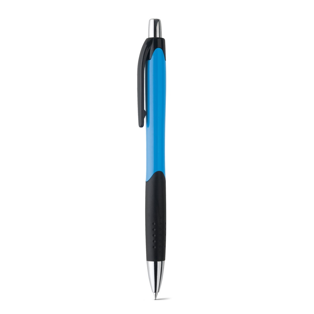 Caneta esferográfica em ABS brilhante com grip e ponteira cromada personalizada com a logo da empresa, na cor azul claro