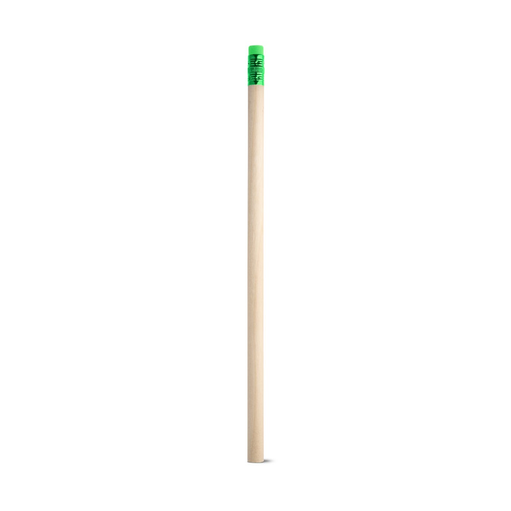 Lápis em madeira natural não apontado com borracha no topo personalizado com a logo da empresa, na cor verde