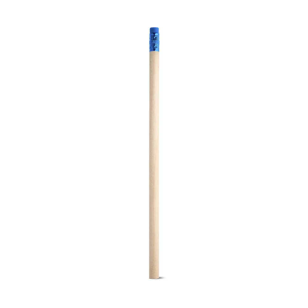Lápis em madeira natural não apontado com borracha no topo personalizado com a logo da empresa, na cor azul claro