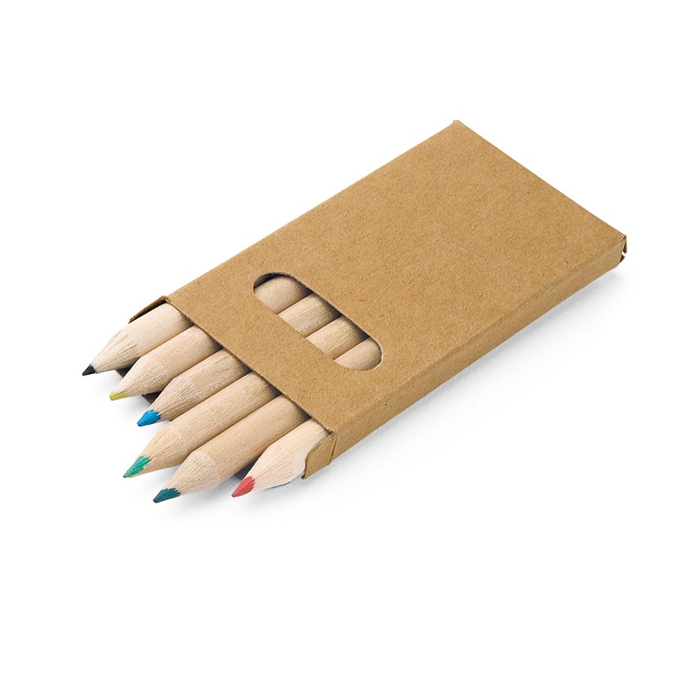 Caixa de cartão de papel kraft com 6 mini lápis de cor na cor Natural, personalizada com a logo da empresa