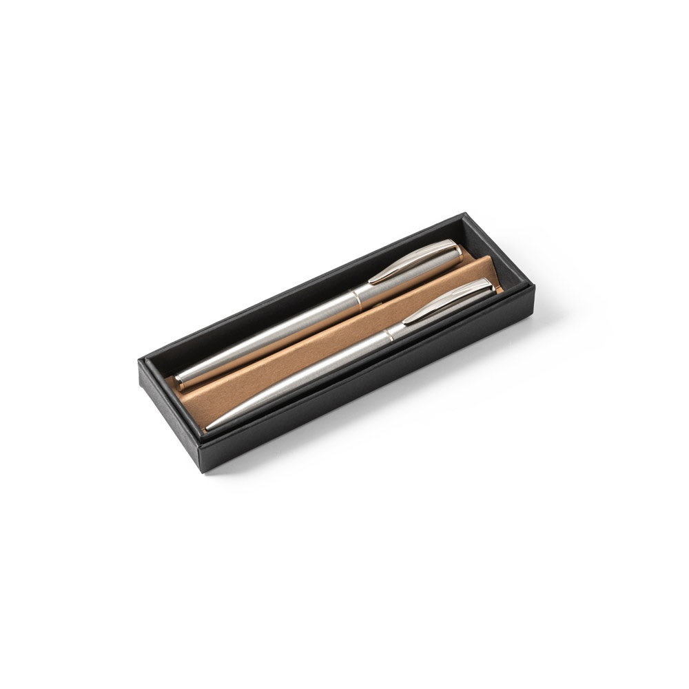 Conjunto de canetas roller e esferográfica em aço inox 53% reciclado na cor Cromado satinado, personalizado com a logo da empresa