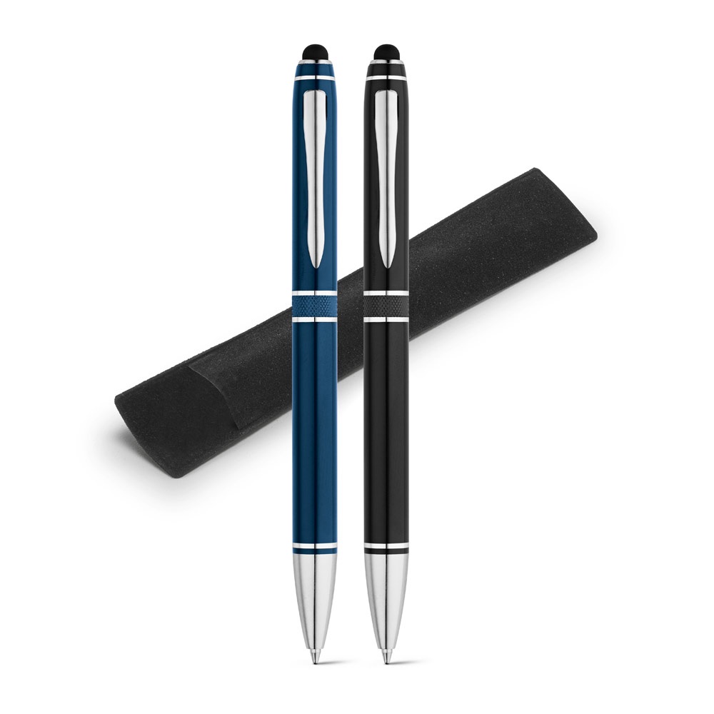Caneta esferográfica em alumínio twist com touch e embalagem de veludo personalizada com a logo da empresa