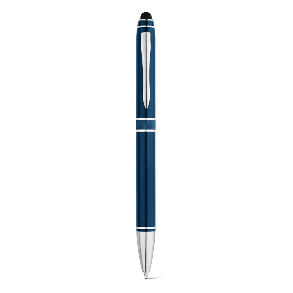 Caneta esferográfica em alumínio twist com touch e embalagem de veludo personalizada com a logo da empresa, na cor azul marinho