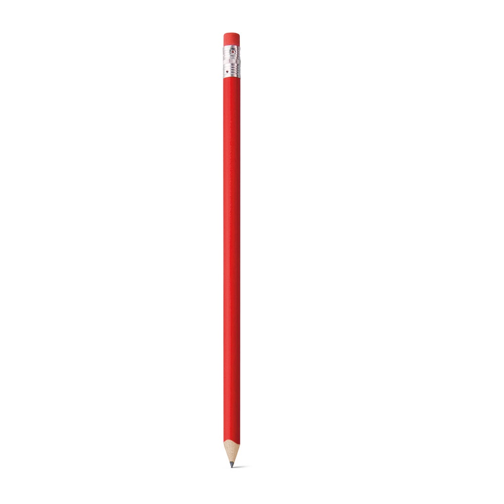 Lápis apontado com borracha e corpo colorido personalizado com a logo da empresa, na cor vermelho