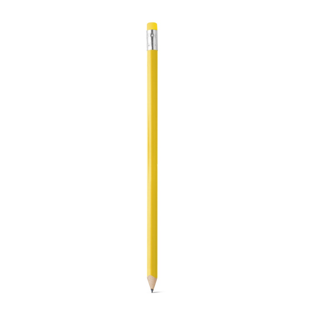 Lápis apontado com borracha e corpo colorido personalizado com a logo da empresa, na cor amarelo