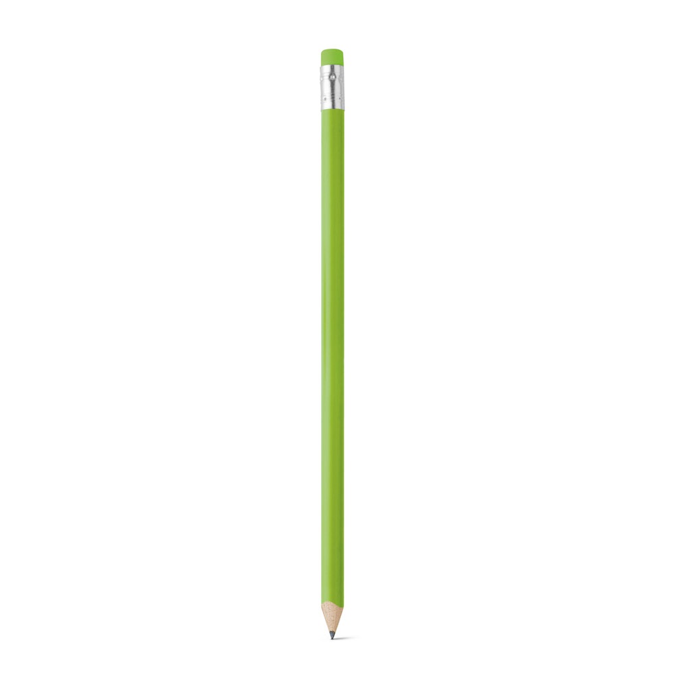 Lápis apontado com borracha e corpo colorido personalizado com a logo da empresa, na cor verde claro