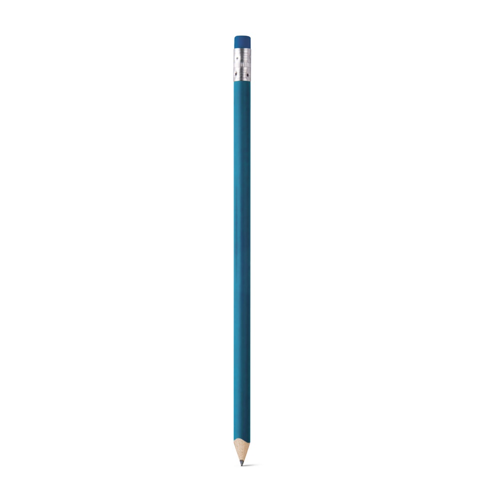 Lápis apontado com borracha e corpo colorido personalizado com a logo da empresa, na cor azul claro