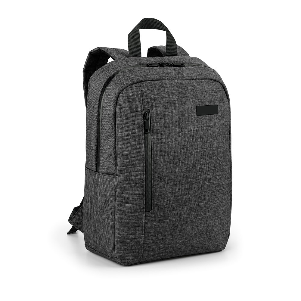 Mochila para notebook 14" 12 litros em 600D com placa metálica personalizada com a logo da empresa, na cor cinza escuro
