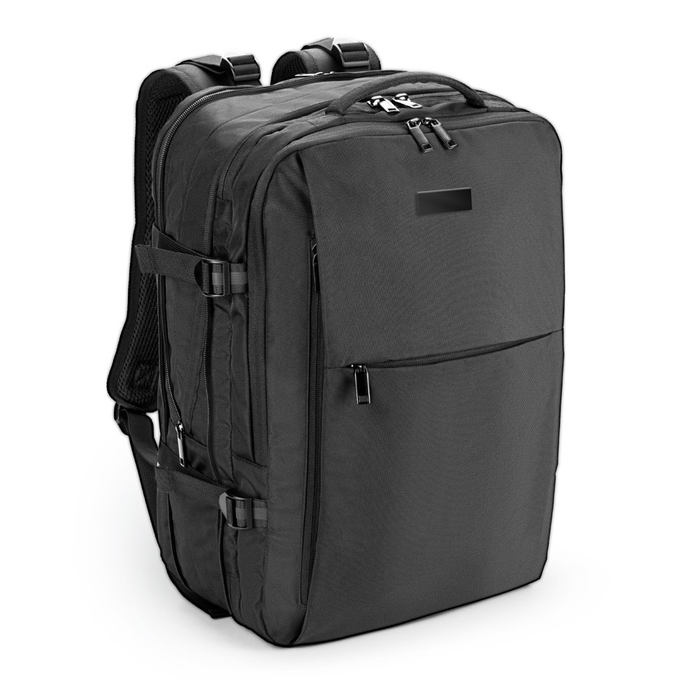 Mochila de viagem 29 litros para notebook 17,3" em RPET 600D na cor Preto, personalizada com a logo da empresa