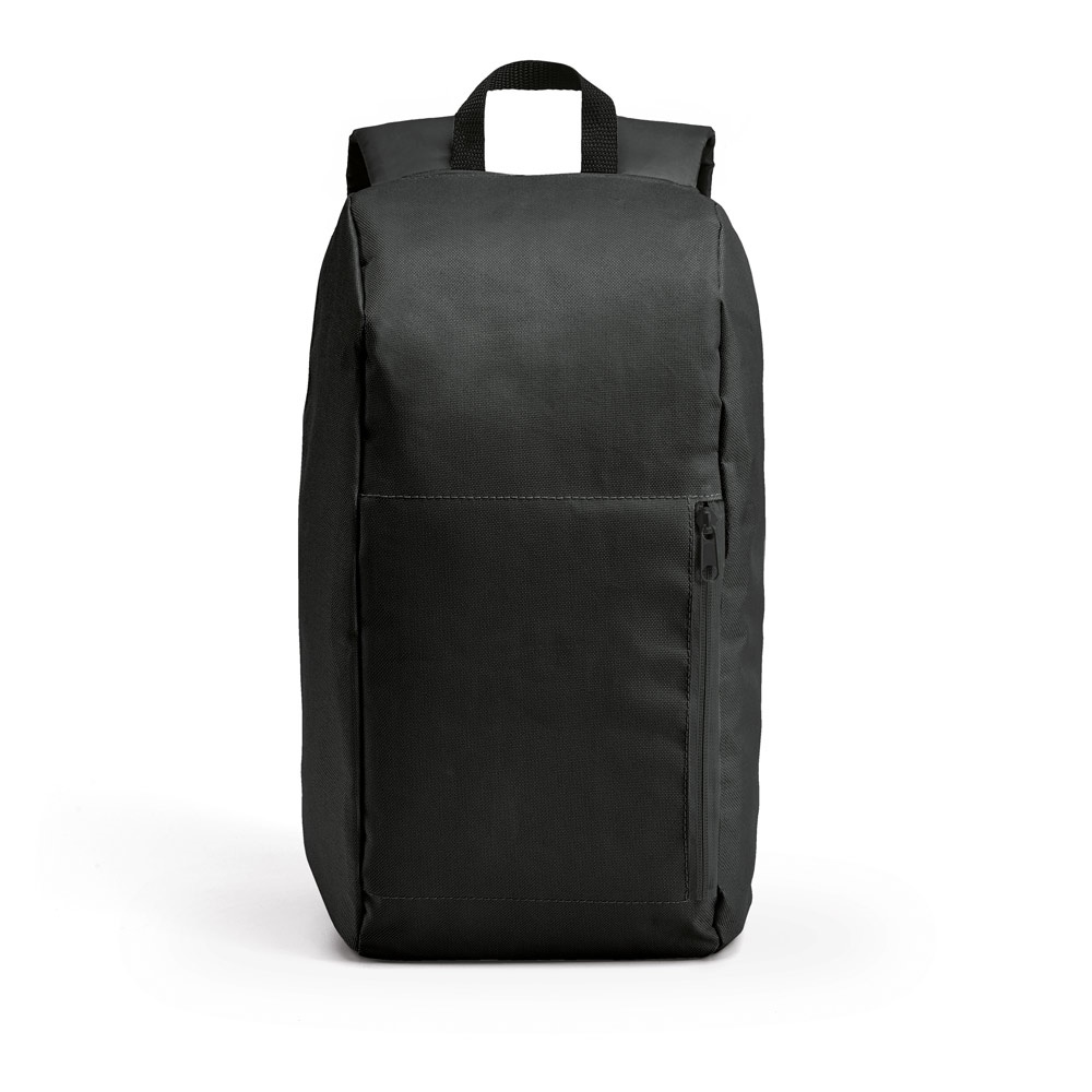 Mochila em 600D (10 litros) com bolso frontal na cor Preto, personalizada com a logo da empresa