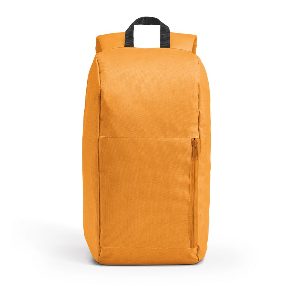 Mochila em 600D (10 litros) com bolso frontal personalizada com a logo da empresa, na cor laranja