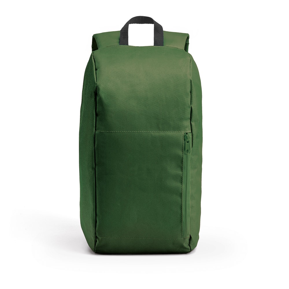 Mochila em 600D (10 litros) com bolso frontal personalizada com a logo da empresa, na cor verde escuro