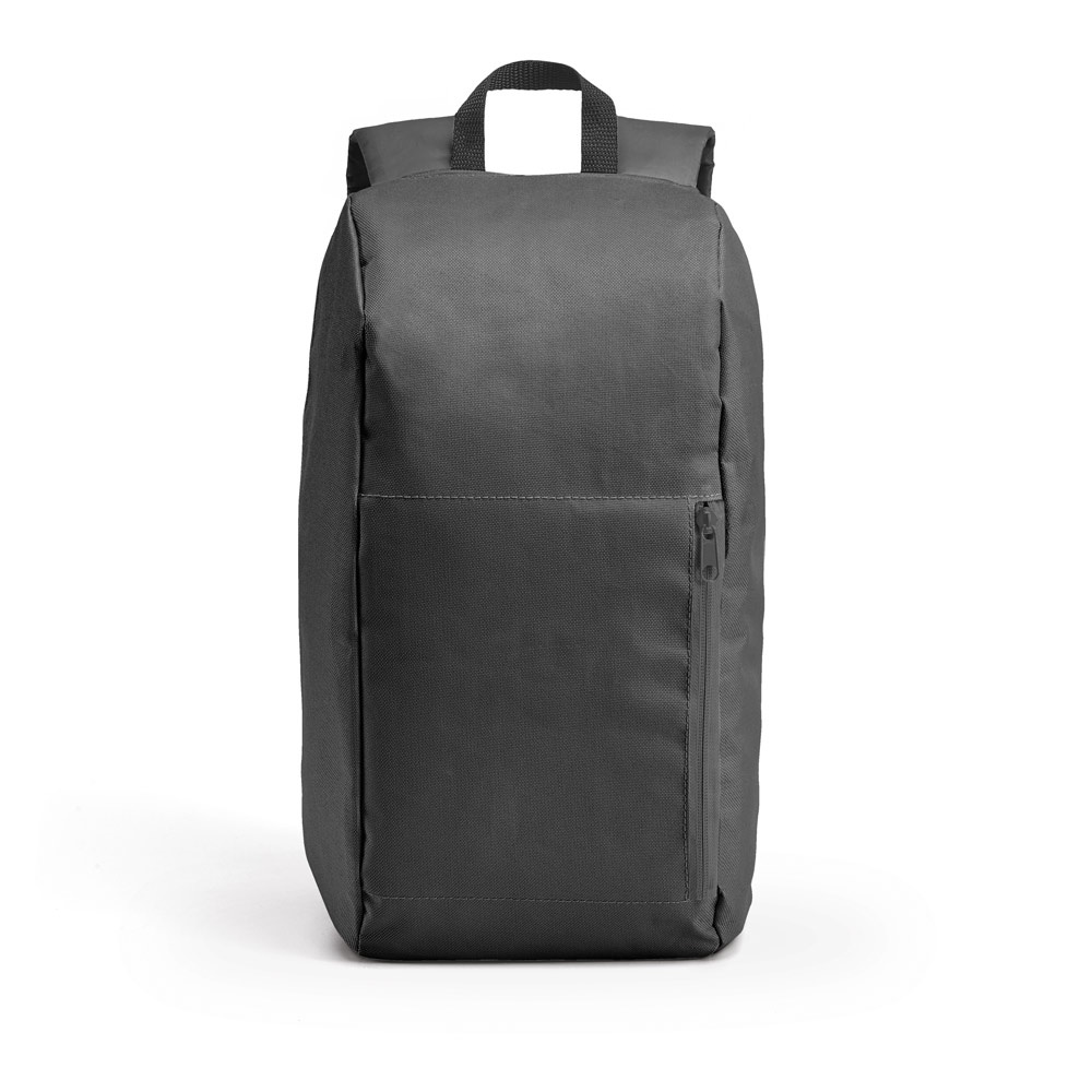 Mochila em 600D (10 litros) com bolso frontal personalizada com a logo da empresa, na cor cinza escuro