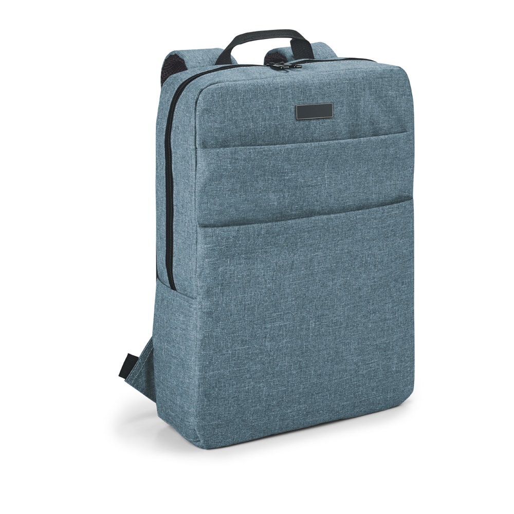 Mochila para notebook 15,6" 10 litros em 600D com placa metálica personalizada com a logo da empresa, na cor azul claro