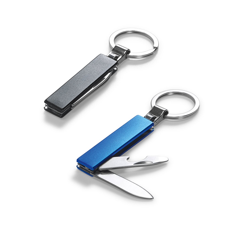 Chaveiro multifunções em metal personalizado com a logo da empresa