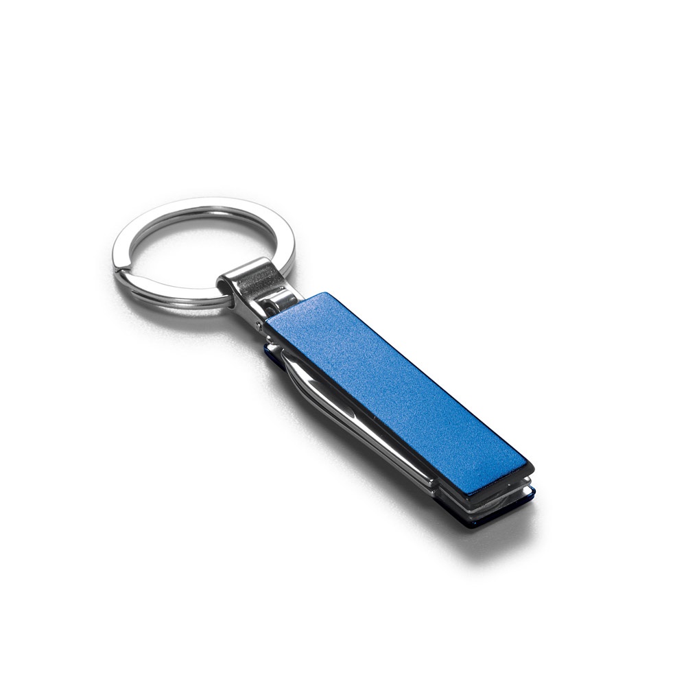 Chaveiro multifunções em metal personalizado com a logo da empresa, na cor azul