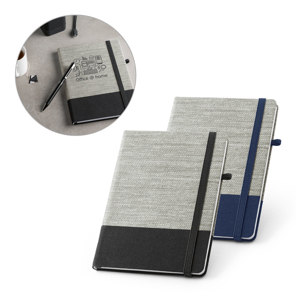 Caderno A5 de capa dura em palha e algodão canvas personalizado com a logo da empresa