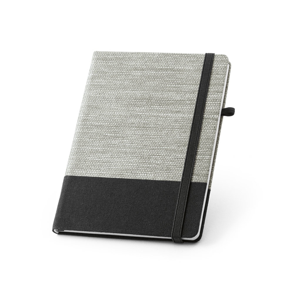 Caderno A5 de capa dura em palha e algodão canvas na cor Preto, personalizado com a logo da empresa