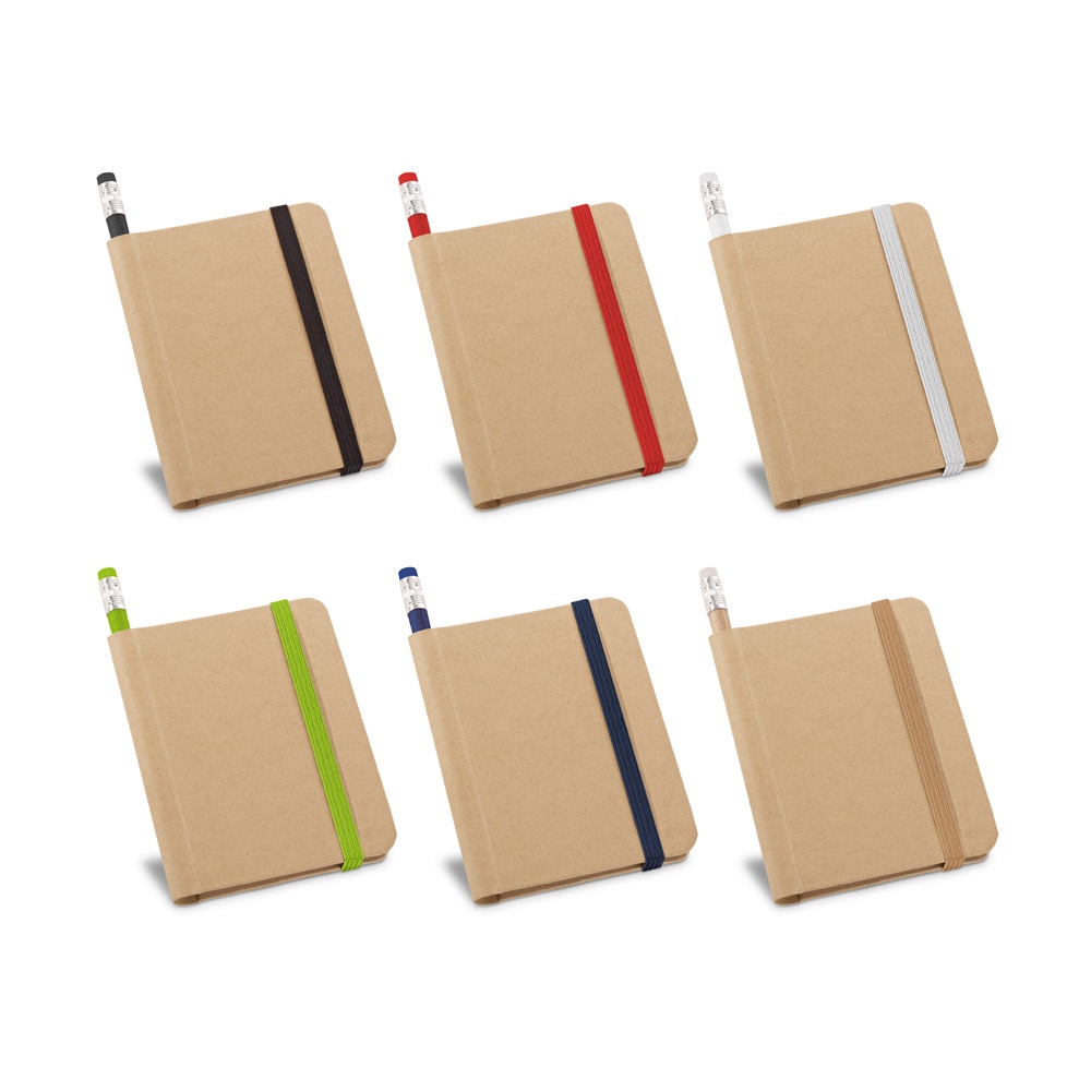 Caderno A7 de capa rígida em papel com páginas lisas e elástico personalizado com a logo da empresa
