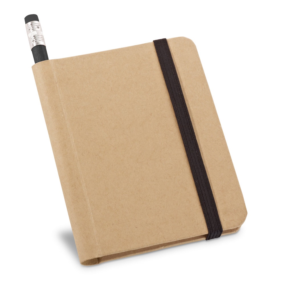Caderno A7 de capa rígida em papel com páginas lisas e elástico