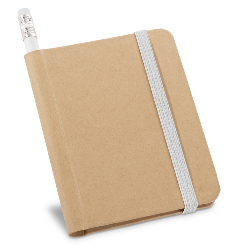 Caderno A7 de capa rígida em papel com páginas lisas e elástico na cor Branco, personalizado com a logo da empresa