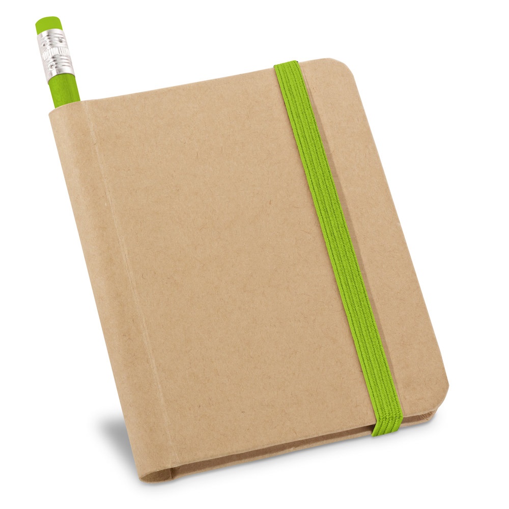 Caderno A7 de capa rígida em papel com páginas lisas e elástico personalizado com a logo da empresa, na cor verde claro