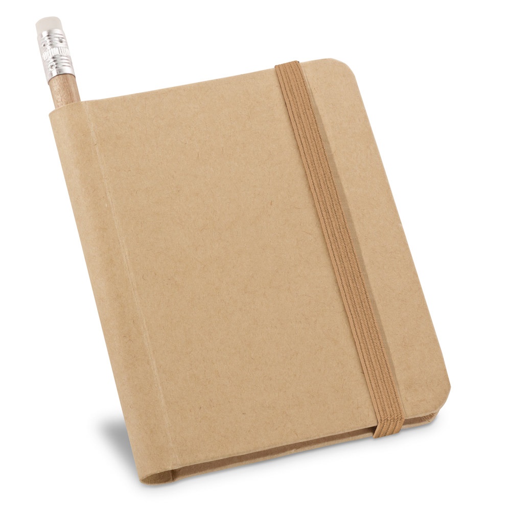 Caderno A7 de capa rígida em papel com páginas lisas e elástico