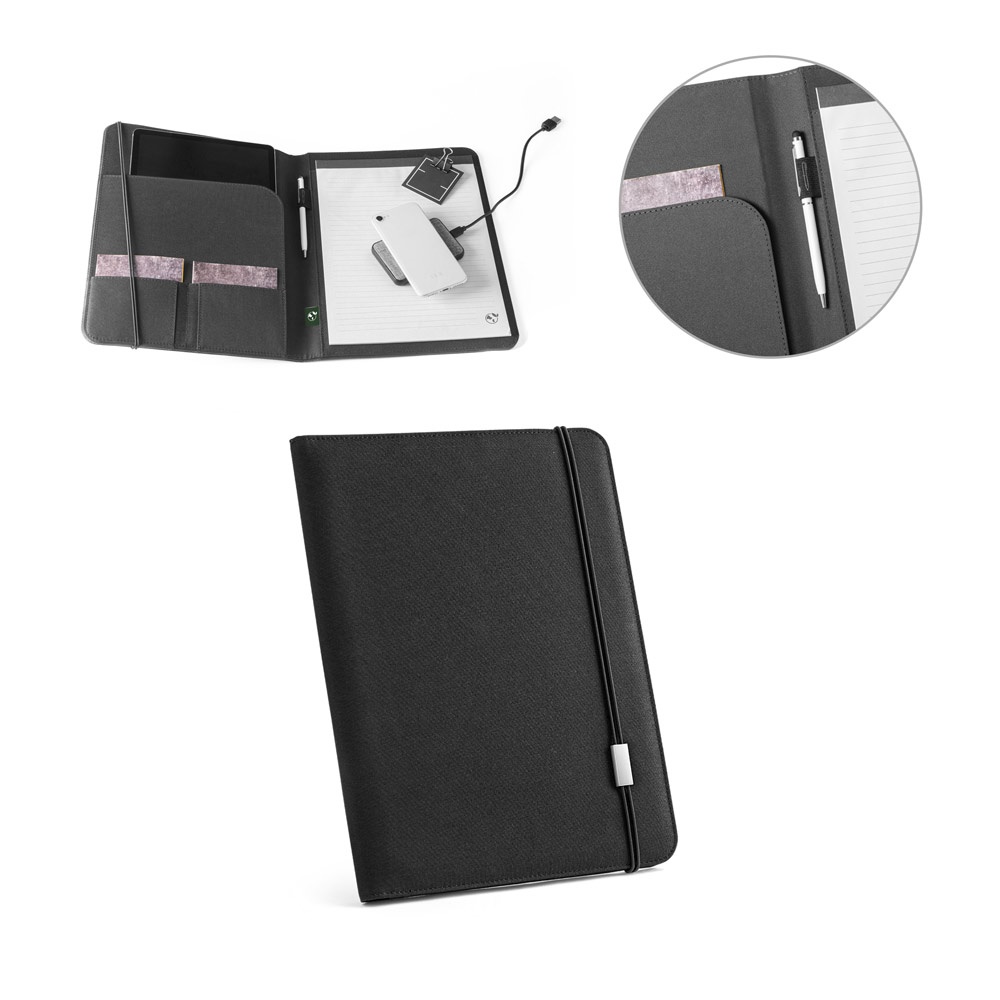 Pasta A4 em RPET 300D com caderno de páginas pautadas personalizada com a logo da empresa