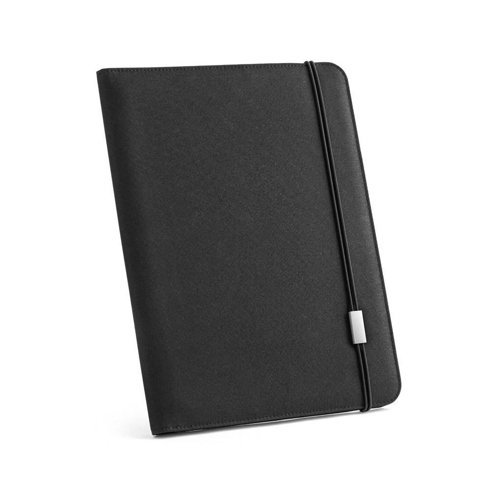 Pasta A4 em RPET 300D com caderno de páginas pautadas na cor Preto, personalizada com a logo da empresa