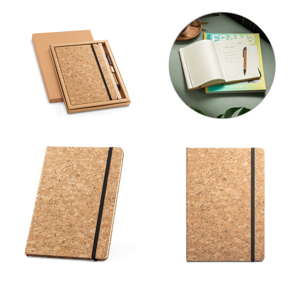 Conjunto de caderno A5 e caneta esferográfica em cortiça personalizado com a logo da empresa