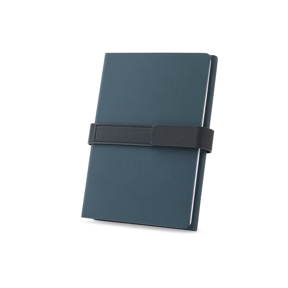 Caderno A5 de capa dura reciclada com páginas pautadas e lisas na cor Azul, personalizado com a logo da empresa