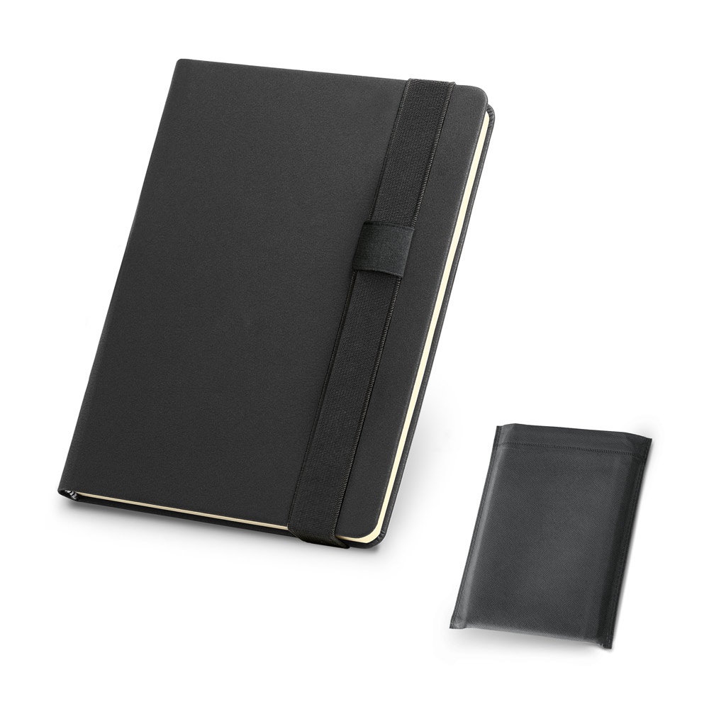 Caderno A5 de capa dura em couro sintético com 280 páginas lisas personalizado com a logo da empresa