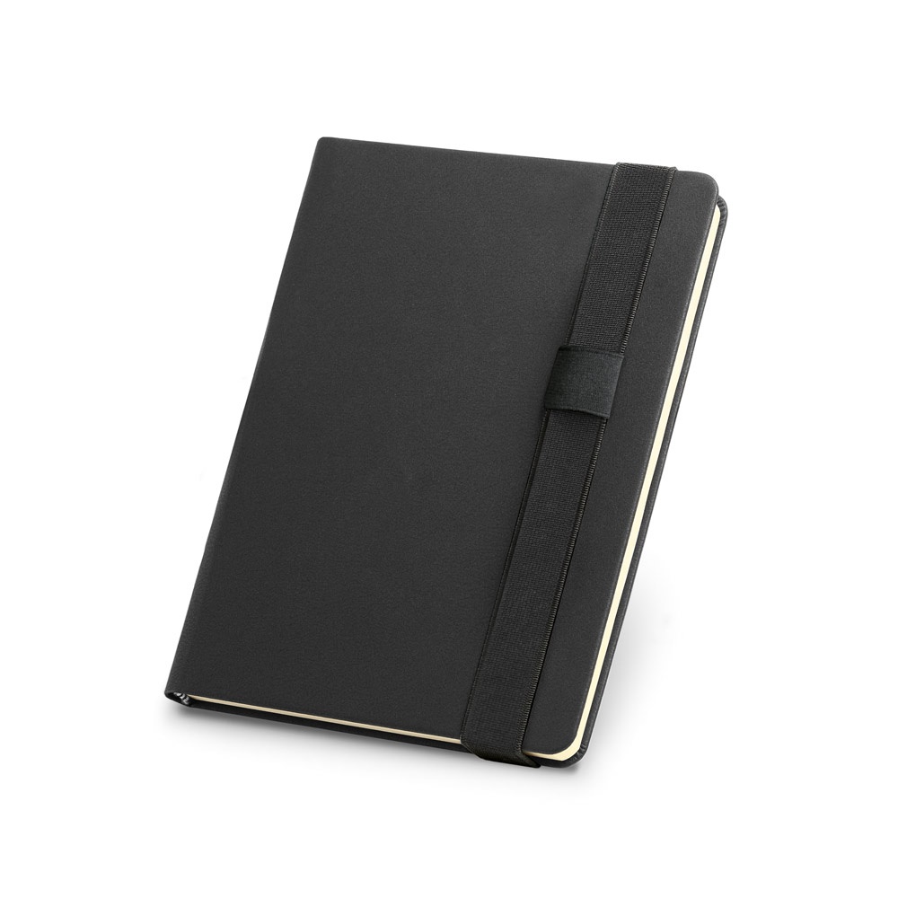 Caderno A5 de capa dura em couro sintético com 280 páginas lisas na cor Preto, personalizado com a logo da empresa